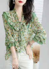 Load image into Gallery viewer, French Green Bow Collar Patchwork Ruffles Print Chiffon Shirts Spring