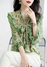 Load image into Gallery viewer, French Green Bow Collar Patchwork Ruffles Print Chiffon Shirts Spring