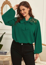 Load image into Gallery viewer, French Green Bow Hollow Out Patchwork Cotton Tops Lantern Sleeve