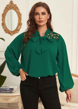 Load image into Gallery viewer, French Green Bow Hollow Out Patchwork Cotton Tops Lantern Sleeve