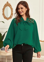 Load image into Gallery viewer, French Green Bow Hollow Out Patchwork Cotton Tops Lantern Sleeve