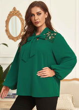 Load image into Gallery viewer, French Green Bow Hollow Out Patchwork Cotton Tops Lantern Sleeve