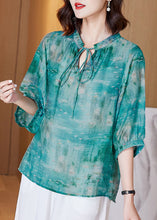 Load image into Gallery viewer, French Green Lace Up Print Patchwork Cotton T Shirt Tops Lantern Sleeve