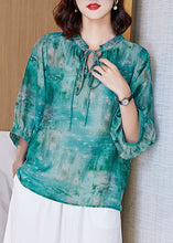 Load image into Gallery viewer, French Green Lace Up Print Patchwork Cotton T Shirt Tops Lantern Sleeve