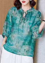 Load image into Gallery viewer, French Green Lace Up Print Patchwork Cotton T Shirt Tops Lantern Sleeve