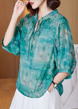 Load image into Gallery viewer, French Green Lace Up Print Patchwork Cotton T Shirt Tops Lantern Sleeve