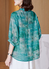 Load image into Gallery viewer, French Green Lace Up Print Patchwork Cotton T Shirt Tops Lantern Sleeve