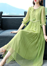 Load image into Gallery viewer, French Green O-Neck Lace Up Exra Large Hem Silk Long Dress Half Sleeve