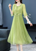 Load image into Gallery viewer, French Green O-Neck Lace Up Exra Large Hem Silk Long Dress Half Sleeve