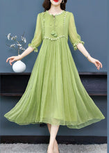 Load image into Gallery viewer, French Green O-Neck Lace Up Exra Large Hem Silk Long Dress Half Sleeve