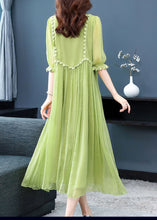 Load image into Gallery viewer, French Green O-Neck Lace Up Exra Large Hem Silk Long Dress Half Sleeve