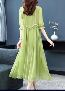 French Green O-Neck Lace Up Exra Large Hem Silk Long Dress Half Sleeve