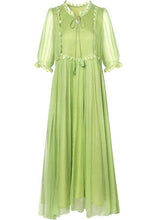 Load image into Gallery viewer, French Green O-Neck Lace Up Exra Large Hem Silk Long Dress Half Sleeve