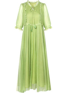 French Green O-Neck Lace Up Exra Large Hem Silk Long Dress Half Sleeve