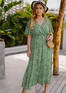 French Green Print Wrinkled Long Dresses Short Sleeve