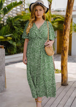 Load image into Gallery viewer, French Green Print Wrinkled Long Dresses Short Sleeve