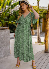 Load image into Gallery viewer, French Green Print Wrinkled Long Dresses Short Sleeve