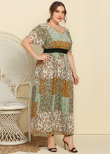 Load image into Gallery viewer, French Green Print Wrinkled Patchwork Chiffon Long Dress Summer