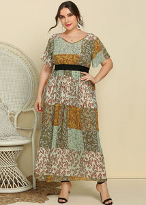 French Green Print Wrinkled Patchwork Chiffon Long Dress Summer