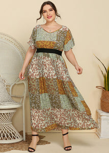 French Green Print Wrinkled Patchwork Chiffon Long Dress Summer