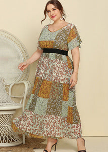 French Green Print Wrinkled Patchwork Chiffon Long Dress Summer