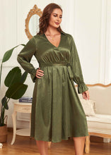 Load image into Gallery viewer, French Green V Neck Tie Waist Patchwork Silk Dress Flare Sleeve