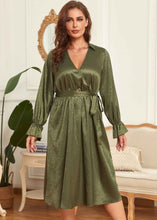 Load image into Gallery viewer, French Green V Neck Tie Waist Patchwork Silk Dress Flare Sleeve