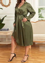 Load image into Gallery viewer, French Green V Neck Tie Waist Patchwork Silk Dress Flare Sleeve