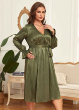 Load image into Gallery viewer, French Green V Neck Tie Waist Patchwork Silk Dress Flare Sleeve