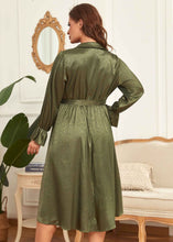 Load image into Gallery viewer, French Green V Neck Tie Waist Patchwork Silk Dress Flare Sleeve