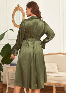 French Green V Neck Tie Waist Patchwork Silk Dress Flare Sleeve