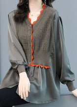 Load image into Gallery viewer, French Grey Knit Patchwork Chiffon Blouse Top Spring