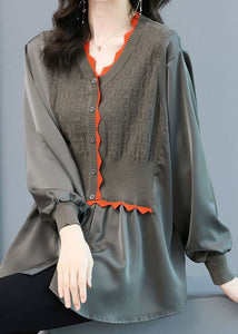 French Grey Knit Patchwork Chiffon Blouse Top Spring