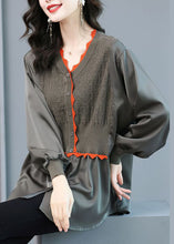 Load image into Gallery viewer, French Grey Knit Patchwork Chiffon Blouse Top Spring