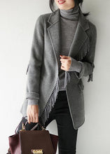 Load image into Gallery viewer, French Grey Notched Tassel Solid Woolen Blend Coat Fall