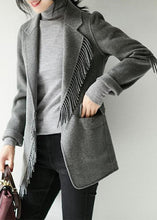 Load image into Gallery viewer, French Grey Notched Tassel Solid Woolen Blend Coat Fall