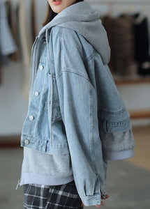 French Hooded False Two Pieces Fine Coats Women Denim Blue Loose Coats