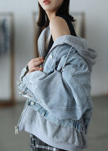 French Hooded False Two Pieces Fine Coats Women Denim Blue Loose Coats