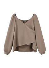 Load image into Gallery viewer, French Khaki Asymmetrical Cotton Shirt Puff Sleeve