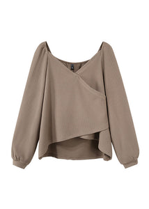 French Khaki Asymmetrical Cotton Shirt Puff Sleeve