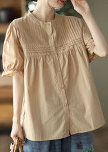 Load image into Gallery viewer, French Khaki O Neck Wrinkled Button Patchwork Cotton Shirts Summer