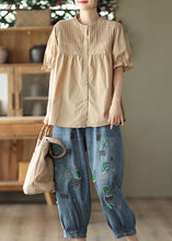 Load image into Gallery viewer, French Khaki O Neck Wrinkled Button Patchwork Cotton Shirts Summer