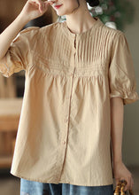 Load image into Gallery viewer, French Khaki O Neck Wrinkled Button Patchwork Cotton Shirts Summer