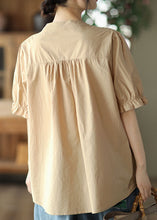 Load image into Gallery viewer, French Khaki O Neck Wrinkled Button Patchwork Cotton Shirts Summer