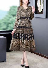 Load image into Gallery viewer, French Khaki V Neck Print Exra Large Hem Silk Dress Spring