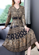 Load image into Gallery viewer, French Khaki V Neck Print Exra Large Hem Silk Dress Spring