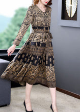 Load image into Gallery viewer, French Khaki V Neck Print Exra Large Hem Silk Dress Spring