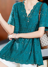 Load image into Gallery viewer, French Lake Blue Embroideried Hollow Out Cotton Blouses Summer