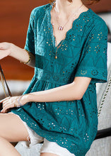 Load image into Gallery viewer, French Lake Blue Embroideried Hollow Out Cotton Blouses Summer