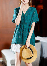 Load image into Gallery viewer, French Lake Blue Embroideried Hollow Out Cotton Blouses Summer